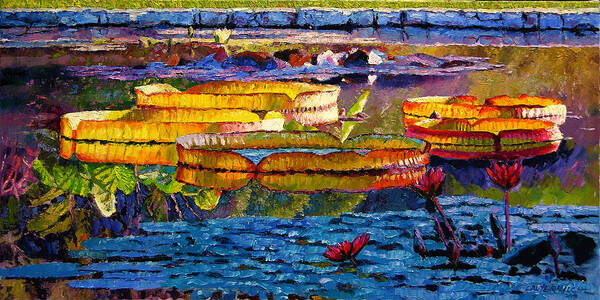 Water Lilies Poster featuring the painting Sun Color and Paint by John Lautermilch