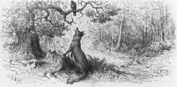 The Crow And The Fox Poster featuring the drawing The Crow and the Fox by Gustave Dore