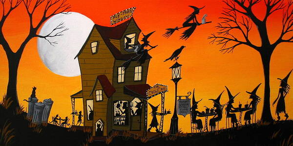 Art Poster featuring the painting The Crow Cafe - Halloween witch cat folk art by Debbie Criswell