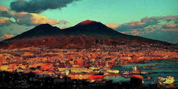 Gulf Of Naples Poster featuring the painting Vesuvio, panorama from Naples - 01 by AM FineArtPrints