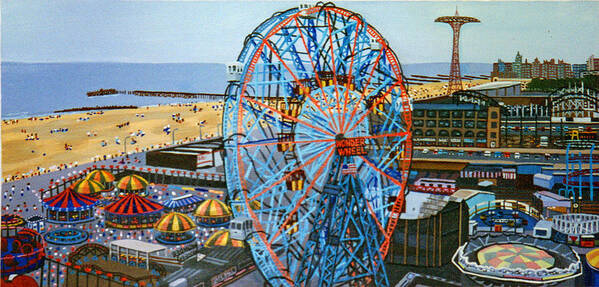 Coney Island Beach Poster featuring the painting View From The Top Of The Cyclone Rollercoaster by Bonnie Siracusa