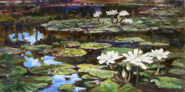 Tower Grove Park Poster featuring the painting White waterlilies in Tower Grove Park by Irek Szelag