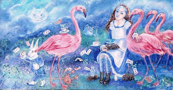 Alice In Wonderland -flamingo Poster featuring the painting Alice in Wonderland -Flamingo Croquet Anyone ? by Trudi Doyle