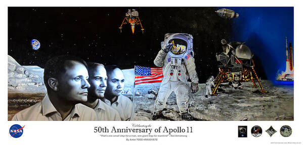 Apollo 11 Collectible Poster featuring the painting Apollo 11 Collectible - NASA 50th Anniversary Of the Lunar Landing by Todd Krasovetz