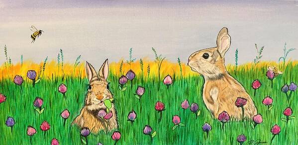 Bunnies Poster featuring the painting Bunnies in Clover by Sonja Jones