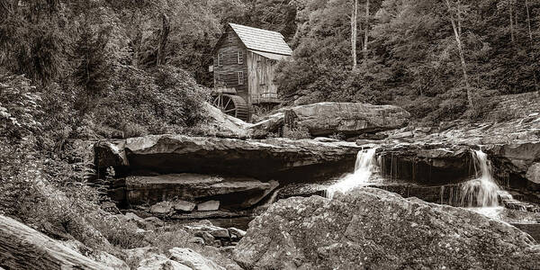 America Poster featuring the photograph Glade Creek Grist Mill and Twin Waterfalls Sepia Panorama by Gregory Ballos