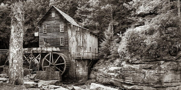 America Poster featuring the photograph Glade Creek Grist Mill Sepia Panorama - West Virginia by Gregory Ballos