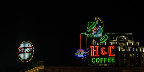 Neon Sign Poster featuring the photograph H C Coffee sign and Dr Pepper Roanoke virginia by Julieta Belmont