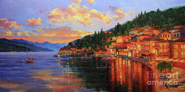 Italy Lake Como Bellagio Sunset Lake Lakecomo Sunset Dusk Sky Clouds Village Water Photographs Lake Como Original Italy Oil Painting Bellagio Sunset Lake Alps Lago Como Sky Clouds Buildings City Town Village Water Wall Art Framed Prints Old Village Paintings Landscape Cityscape Scenic Romantic Tuscany Oil Landscape Poppy Olive Village Chianti Wall Art Posters Tuscany Old Village Paintings Landscape Cityscape Scenic Romantic Europe European Artist Gary Kim Canvas Original Oil Painting Art Poster featuring the painting Lake Como Sunset by Gary Kim