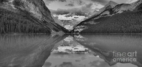 Lake Louise Poster featuring the photograph Lake Louise Summer Sunrise Panorama Black And White by Adam Jewell