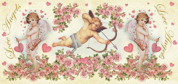 3 Cupids Standing In Roses With Bows And Arrows Love Angels Poster featuring the painting Love Angels 3 by Maria Trad