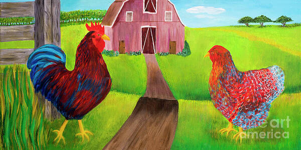 Rooster Poster featuring the painting Rooster Says Cockledoodle Dooo and Hen Crossing Road by Elizabeth Mauldin