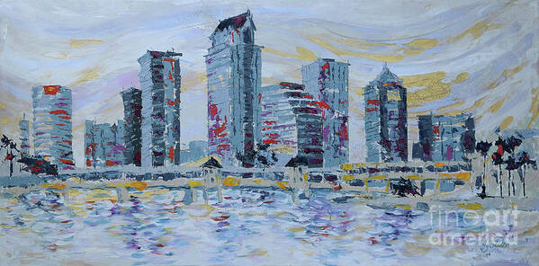 Tampa Skyline Poster featuring the painting Silvery Tampa Skyline by Jyotika Shroff