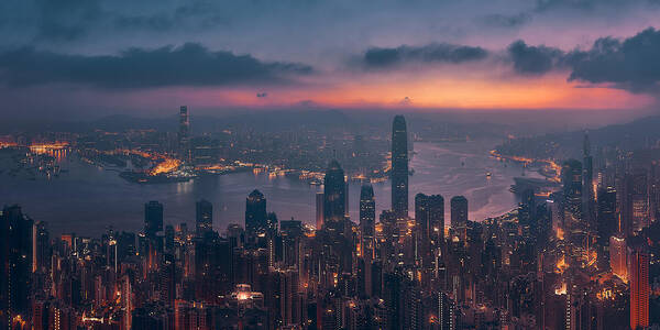 Panorama Poster featuring the photograph Sunrising Hong Kong by Javier De La Torre