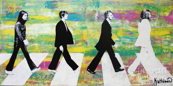 The Beatles Poster featuring the mixed media The Beatles Group on Abbey Road by Kathleen Artist PRO