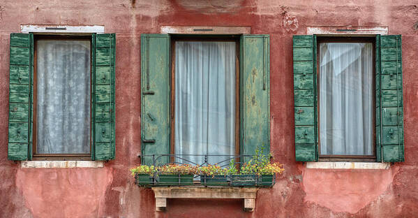 Venice Poster featuring the photograph Three Windows with Green Shutters of Venice by David Letts
