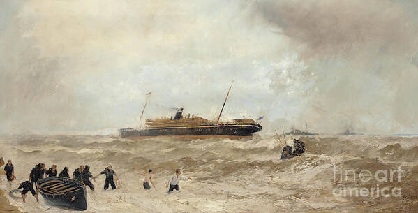 Sea Poster featuring the painting Wreck of the Delhi off Cape Spartel, 13th January 1911, landing of the Princess Royal, 1912 by Algernon Yockney