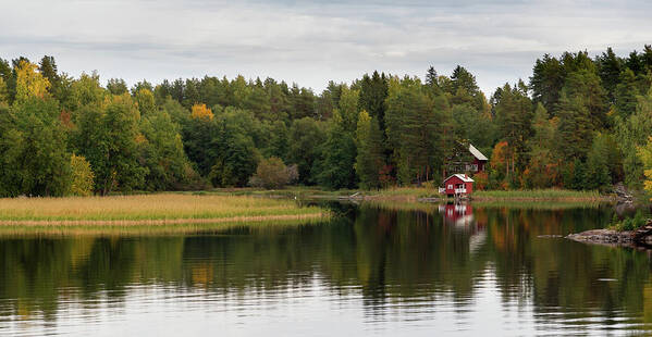 Kuopio Poster featuring the photograph Country house in the forest in the lake. Autumn season Kuopio Finland #1 by Michalakis Ppalis
