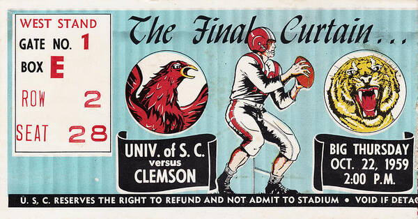South Carolina Poster featuring the mixed media 1959 Clemson vs. South Carolina by Row One Brand