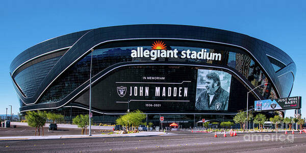 John Madden Poster featuring the photograph Allegiant Stadium Las Vegas Raiders John Madden Tribute Game day Panoramic View by Aloha Art