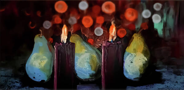 Candles Poster featuring the painting Bokeh Light Candles And Pears by Lisa Kaiser