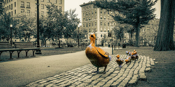 Make Way Ducklings Poster featuring the photograph Boston Public Garden Ducklings Panorama - Selective Color by Gregory Ballos
