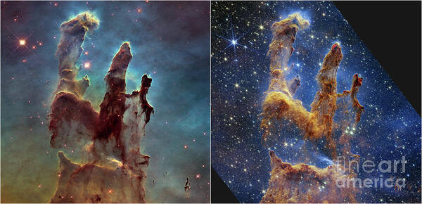 August Poster featuring the photograph Pillars of Creation, JWST and Hubble images by Science Photo Library