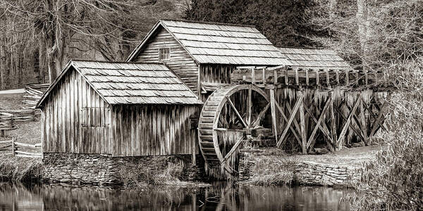 America Poster featuring the photograph Frozen Mabry Mill Sepia Panorama - Virginia Blue Ridge Parkway by Gregory Ballos