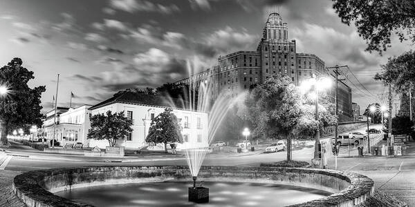 America Poster featuring the photograph Hot Springs Arkansas Skyline and Fountain Panorama - Black and White by Gregory Ballos