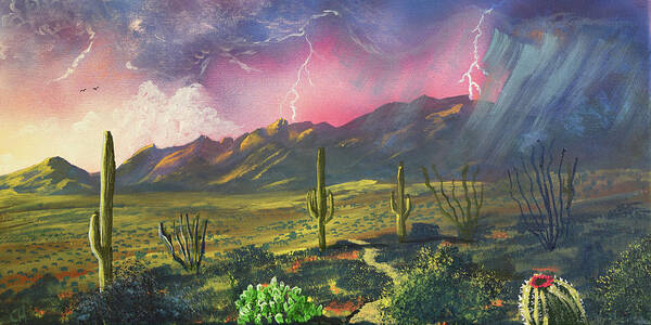 Tucson Poster featuring the painting Lighting Strikes the Catalina Mountains, Tucson by Chance Kafka