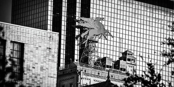 Dallas Texas Poster featuring the photograph Lone Star Flying Pegasus Monochrome Panorama - Dallas Texas by Gregory Ballos