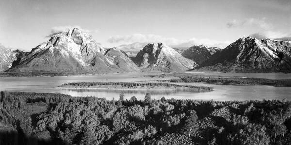 Ansel Adams Poster featuring the photograph Mt. Moran and Jackson Lake from Signal Hill, Grand Teton National Park, Wyoming, 1941 by Ansel Adams