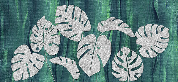 Mostera Poster featuring the painting Organic Silver Gray Glow Monstera Foliage Leaves Botanical On Teal Indigo Blue by Irina Sztukowski