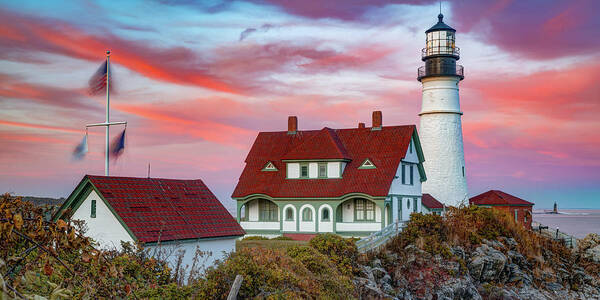 Portland Head Light Poster featuring the photograph Portland Head Lighthouse Sunset Panorama by Gregory Ballos