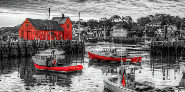 Motif #1 Poster featuring the photograph Rockport Harbor Morning And Motif #1 Panorama in Selective Color by Gregory Ballos