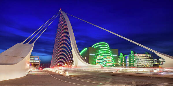 Samuel Beckett Bridge Poster featuring the photograph Samuel Beckett Bridge and National Conference Centre / Dublin by Barry O Carroll