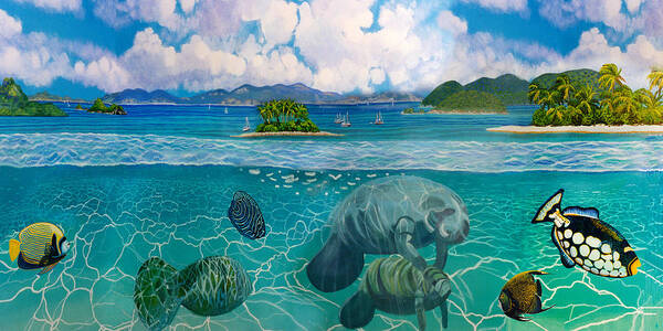Manatees Poster featuring the painting South Pacific Paradise with Manatees Towel Version by Bonnie Siracusa