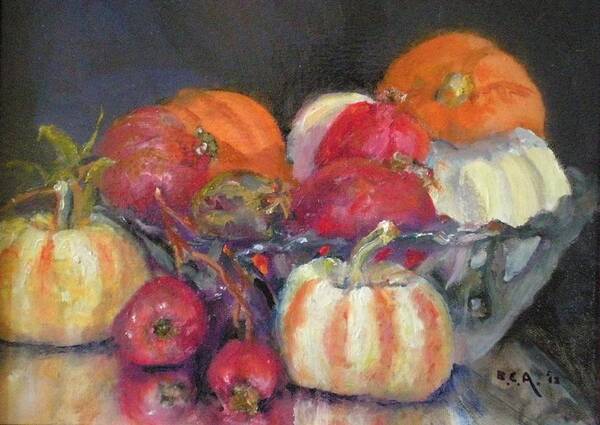 Still-lifein Oil; Ceramic Bowl With Mini Pumpkins With A Group Of Local Zander Pomogranates... Poster featuring the painting     Pumpkins And Pomogranates' by Bryan Alexander