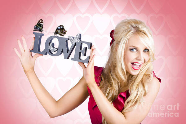 Love Poster featuring the photograph Affectionate blonde woman with love butterflies #1 by Jorgo Photography