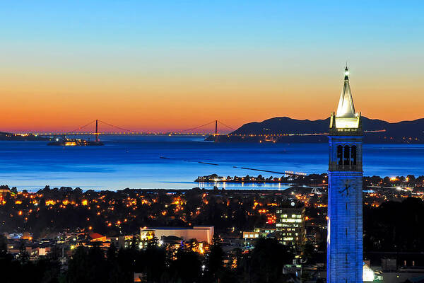 Alcatraz Poster featuring the photograph Blue Campanile and Golden Gate at Sunset by Joel Thai