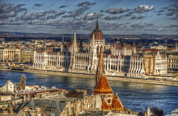 Travel; Landmark; Architecture; Hungary; Famous; Building; Scene; Budapest; City; Night; Hungarian; Cityscape; Capital; Monument; Europe; Danube;culture; Town; Urban; National; Palace; Buda; Dark; Sky; European; ; River; Bridge; Structure; International Poster featuring the digital art Buda Parliament #1 by Nathan Wright