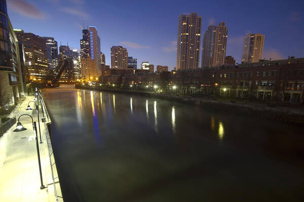 Chicago Poster featuring the photograph Chicago River and skyline at dawn #1 by Sven Brogren