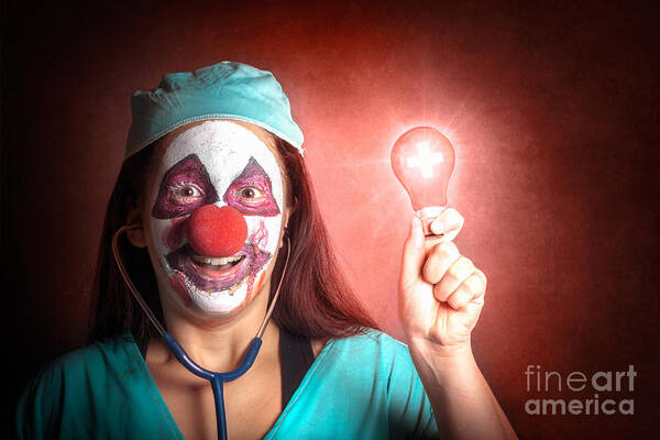 Clown Poster featuring the photograph Clown doctor holding red emergency lightbulb #1 by Jorgo Photography