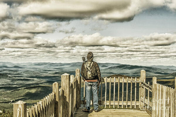 Man Poster featuring the photograph Man on viewpoint admiring landscape #1 by Patricia Hofmeester