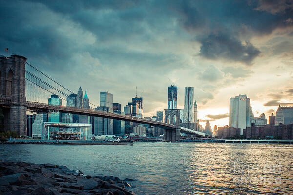 Nyc Poster featuring the photograph NYC skyline in the sunset v1 #1 by Hannes Cmarits