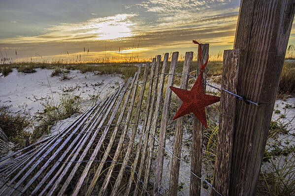 Christmas Poster featuring the digital art Red Star on Fence #1 by Michael Thomas