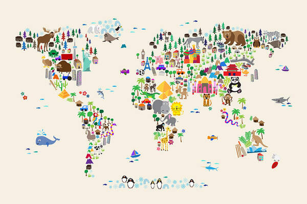 Map Of The World Poster featuring the digital art Animal Map of the World for children and kids #2 by Michael Tompsett