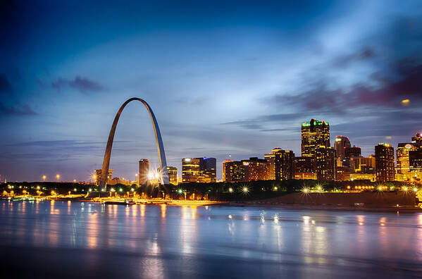Missouri Poster featuring the photograph City of St. Louis skyline. Image of St. Louis downtown with Gate #2 by Alex Grichenko