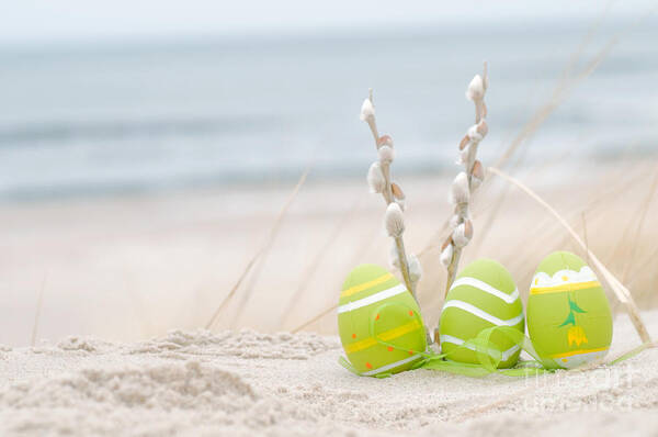 Easter Poster featuring the photograph Easter decorated eggs on sand #2 by Michal Bednarek