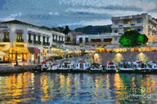 Spetses; Greece; Hellas; Greek; Argosaronic; Saronic; Gulf; Pier; Town; City; Chora; Ntapia Poster featuring the painting Spetses town during dusk time #1 by George Atsametakis